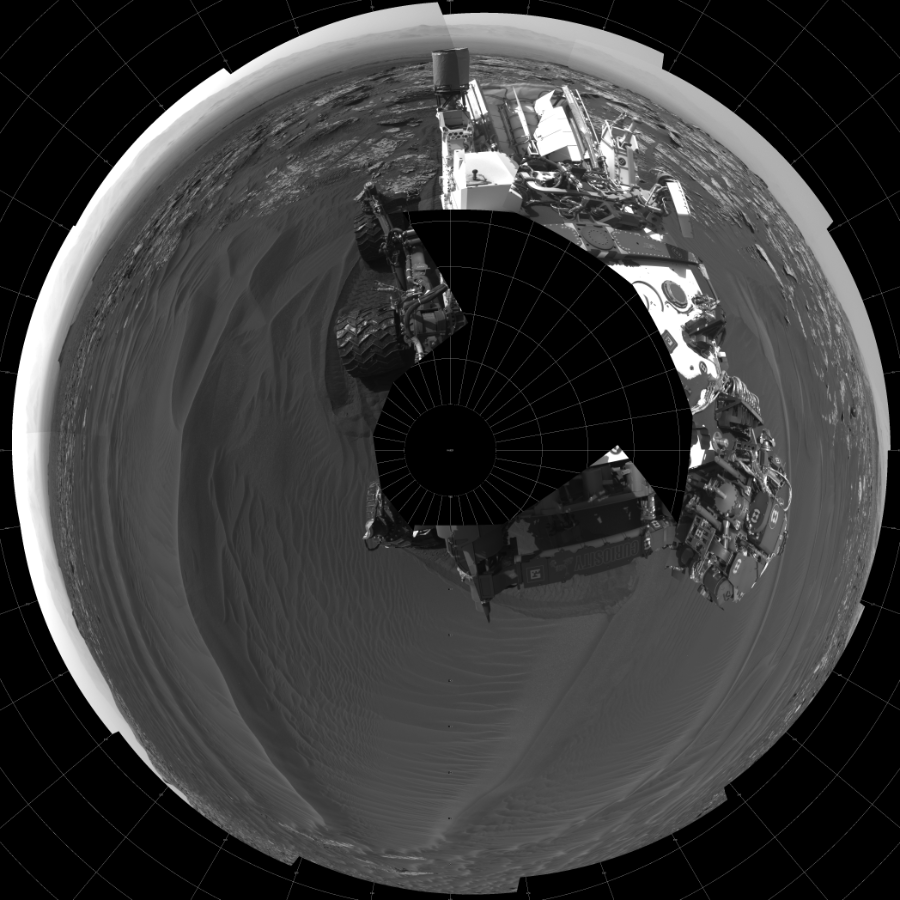 NASA's Mars rover Curiosity took 19 images in Gale Crater using its mast-mounted Left Navigation Camera (Navcam) to create this mosaic. The seam-corrected mosaic provides a polar stereographic projection panorama of the Martian surface with 0 degrees azimuth (measured clockwise from north) at the top of the image. Curiosity took the images on July 07, 2017, Sol 1748 of the Mars Science Laboratory mission at drive 2088, site number 64. The local mean solar time for the image exposures was from 2 PM to 3 PM. Each Navcam image has a 45-degree field of view. CREDIT: NASA/JPL-Caltech