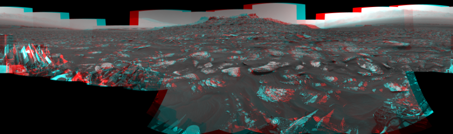NASA's Mars rover Curiosity took 21 image pairs in Gale Crater using its mast-mounted Navigation Camera (Navcam) to create this mosaic. The seam-corrected mosaic provides a 360-degree cylindrical perspective projection panorama of the Martian surface suitable for stereo viewing, centered at 2 degrees azimuth (measured clockwise from north). This anaglyph must be viewed with red/blue glasses (red over left eye).  Curiosity took the images on July 13, 2017, Sol 1754 of the Mars Science Laboratory mission at drive 2790, site number 64. The local mean solar time for the image exposures was from 2 PM to 4 PM. Each Navcam image has a 45-degree field of view. CREDIT: NASA/JPL-Caltech