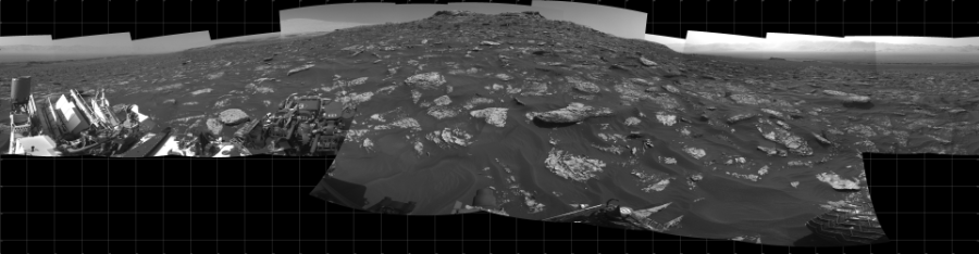 NASA's Mars rover Curiosity took 21 images in Gale Crater using its mast-mounted Left Navigation Camera (Navcam) to create this mosaic. The seam-corrected mosaic provides a 360-degree cylindrical projection panorama of the Martian surface centered at 180 degrees azimuth (measured clockwise from north). Curiosity took the images on July 13, 2017, Sol 1754 of the Mars Science Laboratory mission at drive 2790, site number 64. The local mean solar time for the image exposures was from 2 PM to 4 PM. Each Navcam image has a 45 degree field of view. CREDIT: NASA/JPL-Caltech