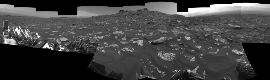 NASA's Mars rover Curiosity took 21 images in Gale Crater using its mast-mounted Left Navigation Camera (Navcam) to create this mosaic. The seam-corrected mosaic provides a 360-degree cylindrical-perspective projection panorama of the Martian surface suitable for stereo viewing, centered at 2 degrees azimuth (measured clockwise from north). This single-eye view must be combined with the partner right image to be viewed in stereo. Curiosity took the images on July 13, 2017, Sol 1754 of the Mars Science Laboratory mission at drive 2790, site number 64. The local mean solar time for the image exposures was from 2 PM to 4 PM. Each Navcam image has a 45-degree field of view. CREDIT: NASA/JPL-Caltech