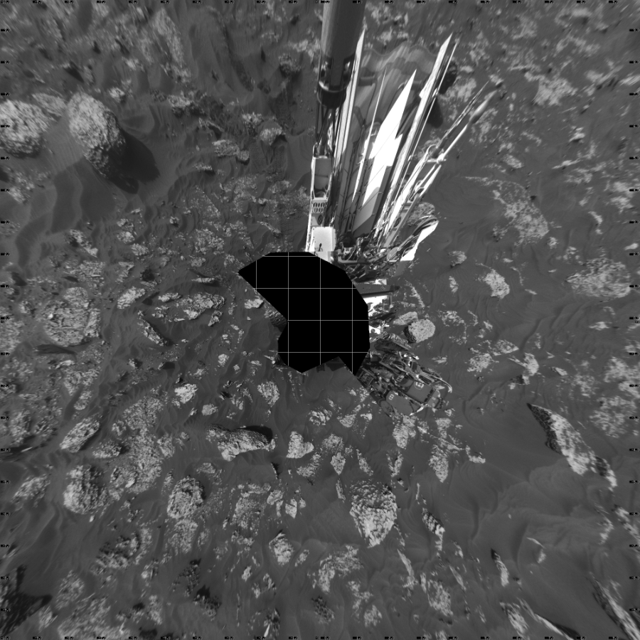 NASA's Mars rover Curiosity took 21 images in Gale Crater using its mast-mounted Left Navigation Camera (Navcam) to create this mosaic. The seam-corrected mosaic provides a vertical projection of the Martian surface near the rover, covering an area of 20 meters (north/south) by 20 meters (east/west). North is up in the image. This projection provides an overhead view, but introduces distortion for items not on the surface, such as large rocks and the rover itself.  Curiosity took the images on July 13, 2017, Sol 1754 of the Mars Science Laboratory mission at drive 2790, site number 64. The local mean solar time for the image exposures was from 2 PM to 4 PM. Each Navcam image has a 45-degree field of view. CREDIT: NASA/JPL-Caltech
