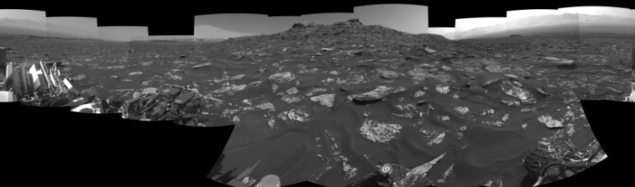 NASA's Mars rover Curiosity took 21 images in Gale Crater using its mast-mounted Right Navigation Camera (Navcam) to create this mosaic. The seam-corrected mosaic provides a 0-degree cylindrical-perspective projection panorama of the Martian surface suitable for stereo viewing, centered at 175 degrees azimuth (measured clockwise from north). This single-eye view must be combined with the partner left image to be viewed in stereo.  Curiosity took the images on July 13, 2017, Sol 1754 of the Mars Science Laboratory mission at drive 2790, site number 64. The local mean solar time for the image exposures was from 2 PM to 4 PM. Each Navcam image has a 45-degree field of view. CREDIT: NASA/JPL-Caltech