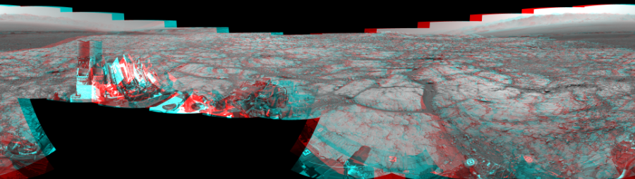 NASA's Mars rover Curiosity took 17 image pairs in Gale Crater using its mast-mounted Navigation Camera (Navcam) to create this mosaic. The seam-corrected mosaic provides a 360-degree cylindrical perspective projection panorama of the Martian surface suitable for stereo viewing, centered at 314 degrees azimuth (measured clockwise from north). This anaglyph must be viewed with red/blue glasses (red over left eye).  Curiosity took the images on September 18, 2017, Sol 1819 of the Mars Science Laboratory mission at drive 246, site number 66. The local mean solar time for the image exposures was 2 PM. Each Navcam image has a 45-degree field of view. CREDIT: NASA/JPL-Caltech