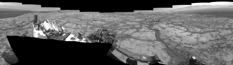 NASA's Mars rover Curiosity took 17 images in Gale Crater using its mast-mounted Left Navigation Camera (Navcam) to create this mosaic. The seam-corrected mosaic provides a 360-degree cylindrical-perspective projection panorama of the Martian surface suitable for stereo viewing, centered at 314 degrees azimuth (measured clockwise from north). This single-eye view must be combined with the partner right image to be viewed in stereo.  Curiosity took the images on September 18, 2017, Sol 1819 of the Mars Science Laboratory mission at drive 246, site number 66. The local mean solar time for the image exposures was 2 PM. Each Navcam image has a 45-degree field of view. CREDIT: NASA/JPL-Caltech