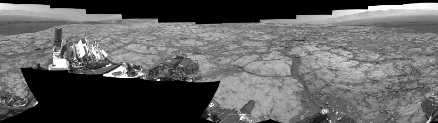 NASA's Mars rover Curiosity took 17 images in Gale Crater using its mast-mounted Right Navigation Camera (Navcam) to create this mosaic. The seam-corrected mosaic provides a 0-degree cylindrical-perspective projection panorama of the Martian surface suitable for stereo viewing, centered at 127 degrees azimuth (measured clockwise from north). This single-eye view must be combined with the partner left image to be viewed in stereo.  Curiosity took the images on September 18, 2017, Sol 1819 of the Mars Science Laboratory mission at drive 246, site number 66. The local mean solar time for the image exposures was 2 PM. Each Navcam image has a 45-degree field of view. CREDIT: NASA/JPL-Caltech