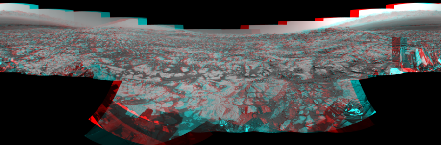 NASA's Mars rover Curiosity took 17 image pairs in Gale Crater using its mast-mounted Navigation Camera (Navcam) to create this mosaic. The seam-corrected mosaic provides a 360-degree cylindrical perspective projection panorama of the Martian surface suitable for stereo viewing, centered at 39 degrees azimuth (measured clockwise from north). This anaglyph must be viewed with red/blue glasses (red over left eye). Curiosity took the images on September 26, 2017, Sol 1827 of the Mars Science Laboratory mission at drive 450, site number 66. The local mean solar time for the image exposures was 3 PM. Each Navcam image has a 45-degree field of view. CREDIT: NASA/JPL-Caltech