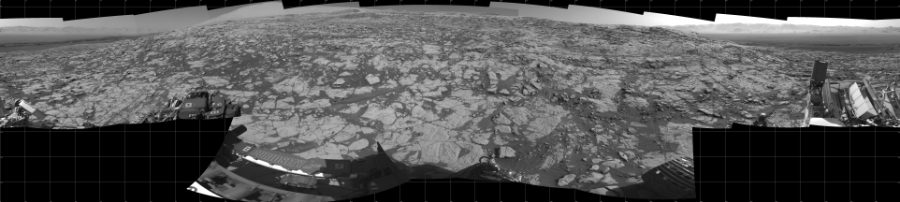 NASA's Mars rover Curiosity took 17 images in Gale Crater using its mast-mounted Left Navigation Camera (Navcam) to create this mosaic. The seam-corrected mosaic provides a 360-degree cylindrical projection panorama of the Martian surface centered at 180 degrees azimuth (measured clockwise from north). Curiosity took the images on September 26, 2017, Sol 1827 of the Mars Science Laboratory mission at drive 450, site number 66. The local mean solar time for the image exposures was 3 PM. Each Navcam image has a 45 degree field of view. CREDIT: NASA/JPL-Caltech