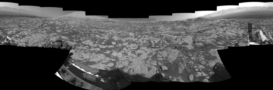 NASA's Mars rover Curiosity took 17 images in Gale Crater using its mast-mounted Left Navigation Camera (Navcam) to create this mosaic. The seam-corrected mosaic provides a 360-degree cylindrical-perspective projection panorama of the Martian surface suitable for stereo viewing, centered at 39 degrees azimuth (measured clockwise from north). This single-eye view must be combined with the partner right image to be viewed in stereo.  Curiosity took the images on September 26, 2017, Sol 1827 of the Mars Science Laboratory mission at drive 450, site number 66. The local mean solar time for the image exposures was 3 PM. Each Navcam image has a 45-degree field of view. CREDIT: NASA/JPL-Caltech