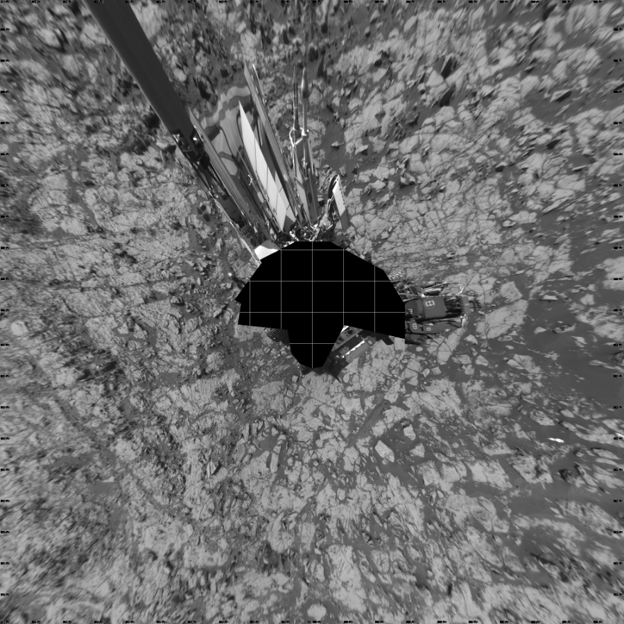 NASA's Mars rover Curiosity took 17 images in Gale Crater using its mast-mounted Left Navigation Camera (Navcam) to create this mosaic. The seam-corrected mosaic provides a vertical projection of the Martian surface near the rover, covering an area of 20 meters (north/south) by 20 meters (east/west). North is up in the image. This projection provides an overhead view, but introduces distortion for items not on the surface, such as large rocks and the rover itself.  Curiosity took the images on September 26, 2017, Sol 1827 of the Mars Science Laboratory mission at drive 450, site number 66. The local mean solar time for the image exposures was 3 PM. Each Navcam image has a 45-degree field of view. CREDIT: NASA/JPL-Caltech