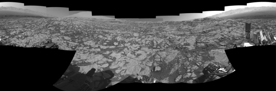 NASA's Mars rover Curiosity took 17 images in Gale Crater using its mast-mounted Right Navigation Camera (Navcam) to create this mosaic. The seam-corrected mosaic provides a 0-degree cylindrical-perspective projection panorama of the Martian surface suitable for stereo viewing, centered at 212 degrees azimuth (measured clockwise from north). This single-eye view must be combined with the partner left image to be viewed in stereo. Curiosity took the images on September 26, 2017, Sol 1827 of the Mars Science Laboratory mission at drive 450, site number 66. The local mean solar time for the image exposures was 3 PM. Each Navcam image has a 45-degree field of view. CREDIT: NASA/JPL-Caltech