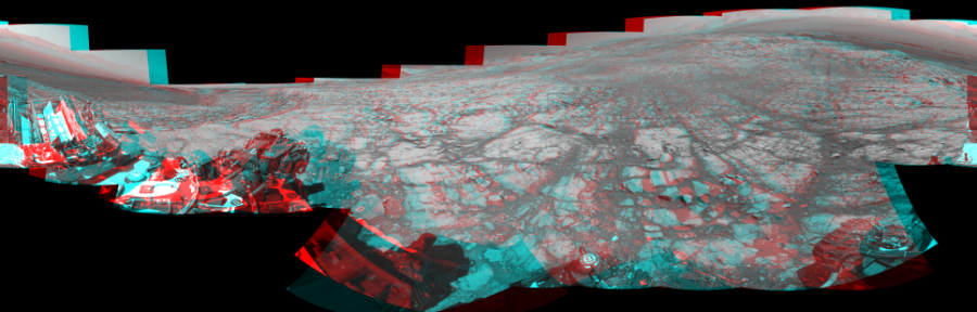NASA's Mars rover Curiosity took 17 image pairs in Gale Crater using its mast-mounted Navigation Camera (Navcam) to create this mosaic. The seam-corrected mosaic provides a 360-degree cylindrical perspective projection panorama of the Martian surface suitable for stereo viewing, centered at 2 degrees azimuth (measured clockwise from north). This anaglyph must be viewed with red/blue glasses (red over left eye). Curiosity took the images on October 07, 2017, Sol 1837 of the Mars Science Laboratory mission at drive 1332, site number 66. The local mean solar time for the image exposures was 1 PM. Each Navcam image has a 45-degree field of view. CREDIT: NASA/JPL-Caltech