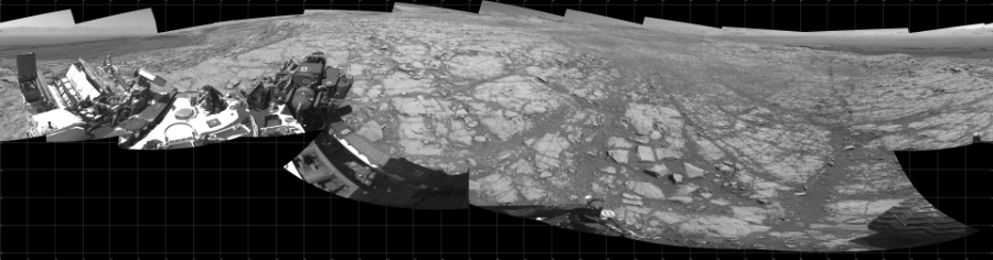 NASA's Mars rover Curiosity took 17 images in Gale Crater using its mast-mounted Left Navigation Camera (Navcam) to create this mosaic. The seam-corrected mosaic provides a 360-degree cylindrical projection panorama of the Martian surface centered at 180 degrees azimuth (measured clockwise from north). Curiosity took the images on October 07, 2017, Sol 1837 of the Mars Science Laboratory mission at drive 1332, site number 66. The local mean solar time for the image exposures was 1 PM. Each Navcam image has a 45 degree field of view. CREDIT: NASA/JPL-Caltech
