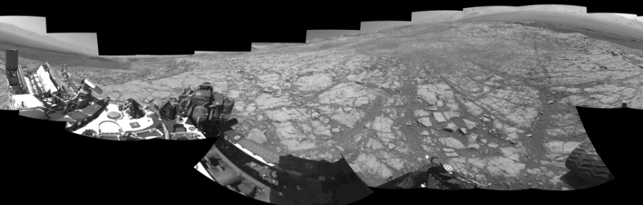 NASA's Mars rover Curiosity took 17 images in Gale Crater using its mast-mounted Left Navigation Camera (Navcam) to create this mosaic. The seam-corrected mosaic provides a 360-degree cylindrical-perspective projection panorama of the Martian surface suitable for stereo viewing, centered at 2 degrees azimuth (measured clockwise from north). This single-eye view must be combined with the partner right image to be viewed in stereo.  Curiosity took the images on October 07, 2017, Sol 1837 of the Mars Science Laboratory mission at drive 1332, site number 66. The local mean solar time for the image exposures was 1 PM. Each Navcam image has a 45-degree field of view. CREDIT: NASA/JPL-Caltech