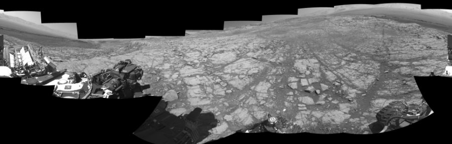 NASA's Mars rover Curiosity took 17 images in Gale Crater using its mast-mounted Right Navigation Camera (Navcam) to create this mosaic. The seam-corrected mosaic provides a 0-degree cylindrical-perspective projection panorama of the Martian surface suitable for stereo viewing, centered at 175 degrees azimuth (measured clockwise from north). This single-eye view must be combined with the partner left image to be viewed in stereo. Curiosity took the images on October 07, 2017, Sol 1837 of the Mars Science Laboratory mission at drive 1332, site number 66. The local mean solar time for the image exposures was 1 PM. Each Navcam image has a 45-degree field of view. CREDIT: NASA/JPL-Caltech