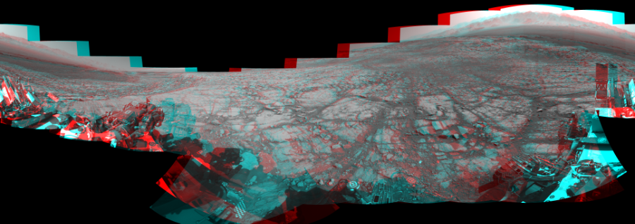 NASA's Mars rover Curiosity took 18 image pairs in Gale Crater using its mast-mounted Navigation Camera (Navcam) to create this mosaic. The seam-corrected mosaic provides a 360-degree cylindrical perspective projection panorama of the Martian surface suitable for stereo viewing, centered at 22 degrees azimuth (measured clockwise from north). This anaglyph must be viewed with red/blue glasses (red over left eye). Curiosity took the images on October 13, 2017, Sol 1843 of the Mars Science Laboratory mission at drive 1342, site number 66. The local mean solar time for the image exposures was 3 PM. Each Navcam image has a 45-degree field of view. CREDIT: NASA/JPL-Caltech
