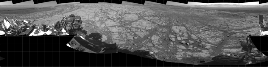 NASA's Mars rover Curiosity took 18 images in Gale Crater using its mast-mounted Left Navigation Camera (Navcam) to create this mosaic. The seam-corrected mosaic provides a 360-degree cylindrical projection panorama of the Martian surface centered at 180 degrees azimuth (measured clockwise from north). Curiosity took the images on October 13, 2017, Sol 1843 of the Mars Science Laboratory mission at drive 1342, site number 66. The local mean solar time for the image exposures was 3 PM. Each Navcam image has a 45 degree field of view. CREDIT: NASA/JPL-Caltech