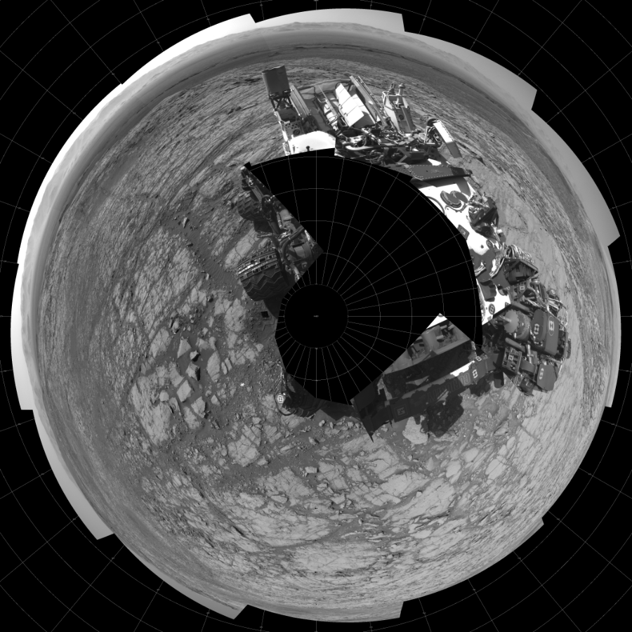 NASA's Mars rover Curiosity took 18 images in Gale Crater using its mast-mounted Left Navigation Camera (Navcam) to create this mosaic. The seam-corrected mosaic provides a polar stereographic projection panorama of the Martian surface with 0 degrees azimuth (measured clockwise from north) at the top of the image. Curiosity took the images on October 13, 2017, Sol 1843 of the Mars Science Laboratory mission at drive 1342, site number 66. The local mean solar time for the image exposures was 3 PM. Each Navcam image has a 45-degree field of view. CREDIT: NASA/JPL-Caltech