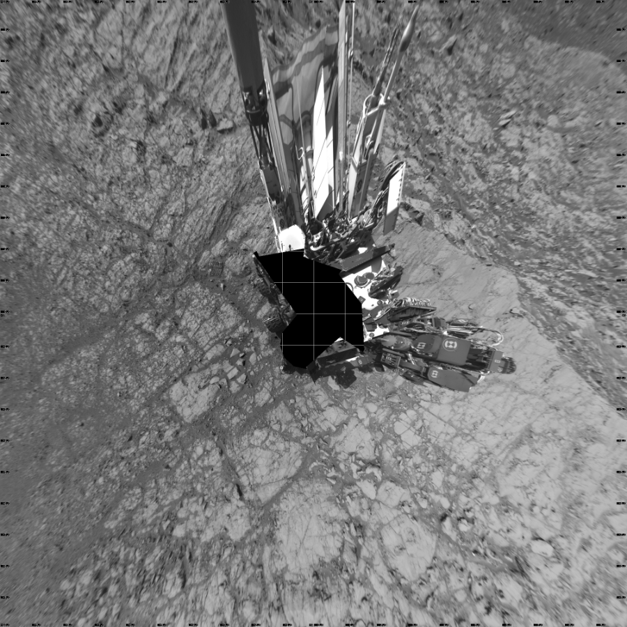 NASA's Mars rover Curiosity took 18 images in Gale Crater using its mast-mounted Left Navigation Camera (Navcam) to create this mosaic. The seam-corrected mosaic provides a vertical projection of the Martian surface near the rover, covering an area of 20 meters (north/south) by 20 meters (east/west). North is up in the image. This projection provides an overhead view, but introduces distortion for items not on the surface, such as large rocks and the rover itself.  Curiosity took the images on October 13, 2017, Sol 1843 of the Mars Science Laboratory mission at drive 1342, site number 66. The local mean solar time for the image exposures was 3 PM. Each Navcam image has a 45-degree field of view. CREDIT: NASA/JPL-Caltech