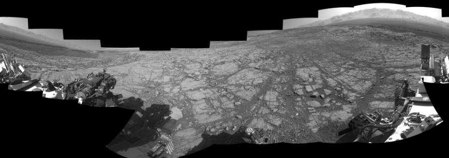 NASA's Mars rover Curiosity took 18 images in Gale Crater using its mast-mounted Right Navigation Camera (Navcam) to create this mosaic. The seam-corrected mosaic provides a 0-degree cylindrical-perspective projection panorama of the Martian surface suitable for stereo viewing, centered at 195 degrees azimuth (measured clockwise from north). This single-eye view must be combined with the partner left image to be viewed in stereo.  Curiosity took the images on October 13, 2017, Sol 1843 of the Mars Science Laboratory mission at drive 1342, site number 66. The local mean solar time for the image exposures was 3 PM. Each Navcam image has a 45-degree field of view. CREDIT: NASA/JPL-Caltech