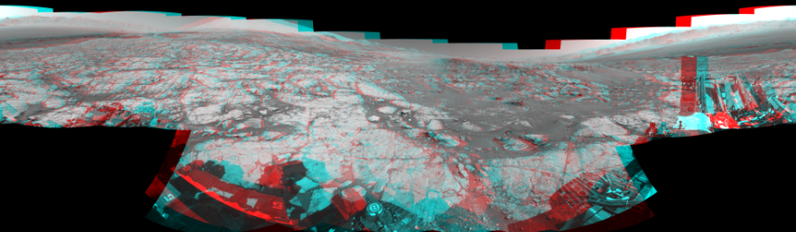 NASA's Mars rover Curiosity took 17 image pairs in Gale Crater using its mast-mounted Navigation Camera (Navcam) to create this mosaic. The seam-corrected mosaic provides a 360-degree cylindrical perspective projection panorama of the Martian surface suitable for stereo viewing, centered at 51 degrees azimuth (measured clockwise from north). This anaglyph must be viewed with red/blue glasses (red over left eye). Curiosity took the images on November 06, 2017, Sol 1867 of the Mars Science Laboratory mission at drive 2168, site number 66. The local mean solar time for the image exposures was 2 PM. Each Navcam image has a 45-degree field of view. CREDIT: NASA/JPL-Caltech