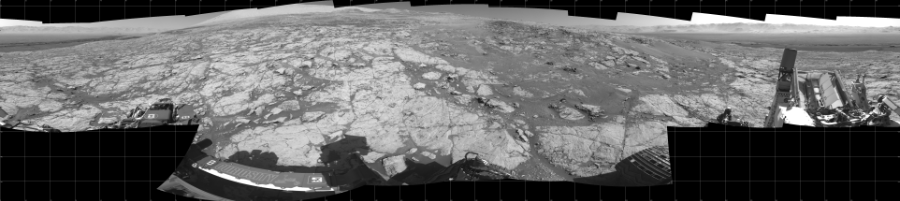 NASA's Mars rover Curiosity took 17 images in Gale Crater using its mast-mounted Left Navigation Camera (Navcam) to create this mosaic. The seam-corrected mosaic provides a 360-degree cylindrical projection panorama of the Martian surface centered at 180 degrees azimuth (measured clockwise from north). Curiosity took the images on November 06, 2017, Sol 1867 of the Mars Science Laboratory mission at drive 2168, site number 66. The local mean solar time for the image exposures was 2 PM. Each Navcam image has a 45 degree field of view. CREDIT: NASA/JPL-Caltech
