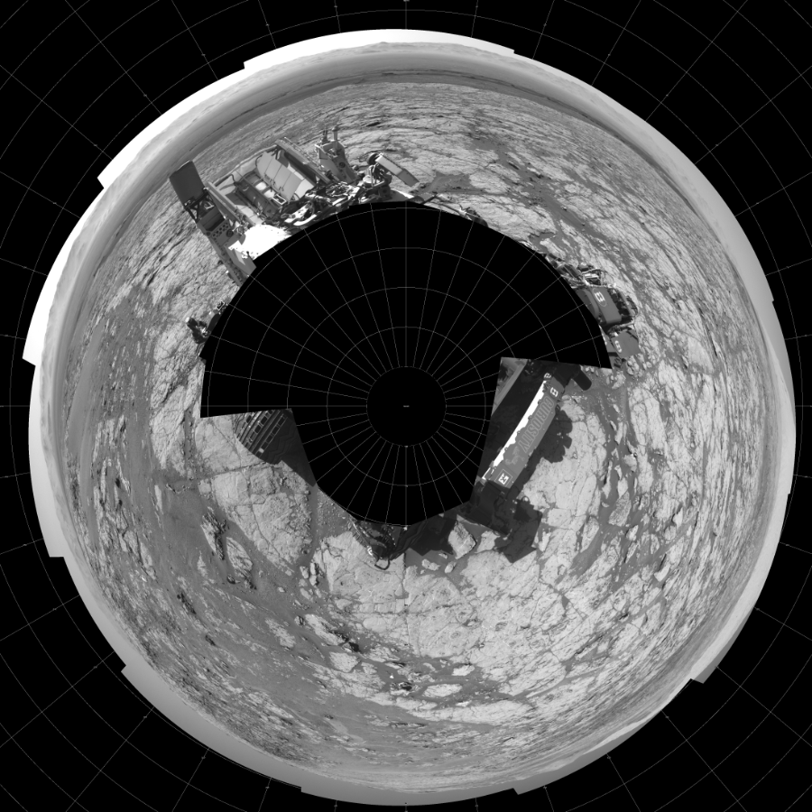NASA's Mars rover Curiosity took 17 images in Gale Crater using its mast-mounted Left Navigation Camera (Navcam) to create this mosaic. The seam-corrected mosaic provides a polar stereographic projection panorama of the Martian surface with 0 degrees azimuth (measured clockwise from north) at the top of the image. Curiosity took the images on November 06, 2017, Sol 1867 of the Mars Science Laboratory mission at drive 2168, site number 66. The local mean solar time for the image exposures was 2 PM. Each Navcam image has a 45-degree field of view. CREDIT: NASA/JPL-Caltech
