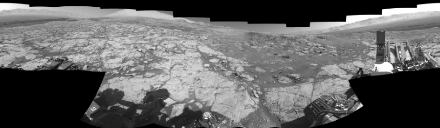 NASA's Mars rover Curiosity took 17 images in Gale Crater using its mast-mounted Right Navigation Camera (Navcam) to create this mosaic. The seam-corrected mosaic provides a 360-degree cylindrical-perspective projection panorama of the Martian surface suitable for stereo viewing, centered at 44 degrees azimuth (measured clockwise from north). This single-eye view must be combined with the partner left image to be viewed in stereo. Curiosity took the images on November 06, 2017, Sol 1867 of the Mars Science Laboratory mission at drive 2168, site number 66. The local mean solar time for the image exposures was 2 PM. Each Navcam image has a 45-degree field of view. CREDIT: NASA/JPL-Caltech