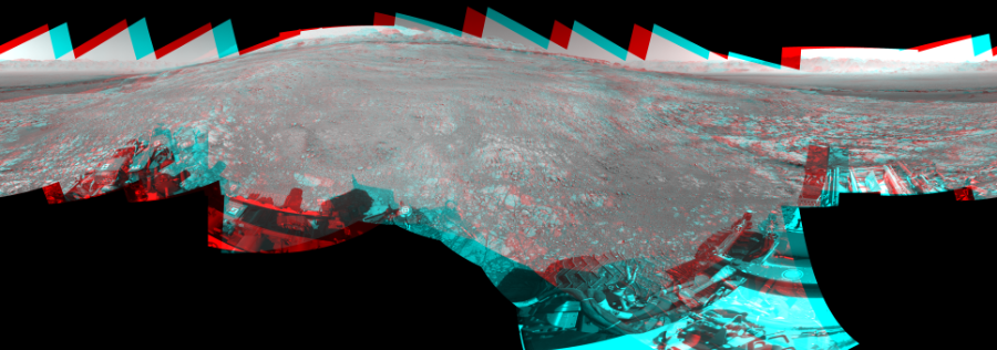 NASA's Mars rover Curiosity took 18 image pairs in Gale Crater using its mast-mounted Navigation Camera (Navcam) to create this mosaic. The seam-corrected mosaic provides a 360-degree cylindrical perspective projection panorama of the Martian surface suitable for stereo viewing, centered at 66 degrees azimuth (measured clockwise from north). This anaglyph must be viewed with red/blue glasses (red over left eye). Curiosity took the images on November 11, 2017, Sol 1871 of the Mars Science Laboratory mission at drive 2414, site number 66. The local mean solar time for the image exposures was 2 PM. Each Navcam image has a 45-degree field of view. CREDIT: NASA/JPL-Caltech