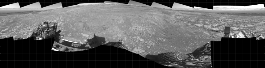 NASA's Mars rover Curiosity took 18 images in Gale Crater using its mast-mounted Left Navigation Camera (Navcam) to create this mosaic. The seam-corrected mosaic provides a 360-degree cylindrical projection panorama of the Martian surface centered at 180 degrees azimuth (measured clockwise from north). Curiosity took the images on November 11, 2017, Sol 1871 of the Mars Science Laboratory mission at drive 2414, site number 66. The local mean solar time for the image exposures was 2 PM. Each Navcam image has a 45 degree field of view. CREDIT: NASA/JPL-Caltech