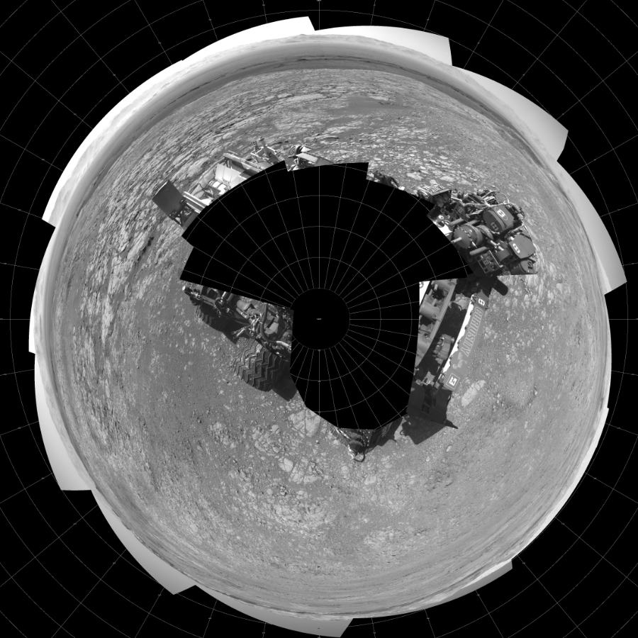 NASA's Mars rover Curiosity took 18 images in Gale Crater using its mast-mounted Left Navigation Camera (Navcam) to create this mosaic. The seam-corrected mosaic provides a polar stereographic projection panorama of the Martian surface with 0 degrees azimuth (measured clockwise from north) at the top of the image. Curiosity took the images on November 11, 2017, Sol 1871 of the Mars Science Laboratory mission at drive 2414, site number 66. The local mean solar time for the image exposures was 2 PM. Each Navcam image has a 45-degree field of view. CREDIT: NASA/JPL-Caltech