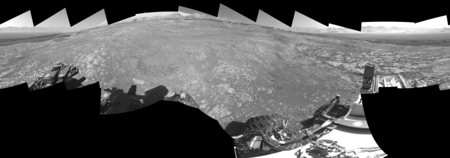 NASA's Mars rover Curiosity took 18 images in Gale Crater using its mast-mounted Right Navigation Camera (Navcam) to create this mosaic. The seam-corrected mosaic provides a 0-degree cylindrical-perspective projection panorama of the Martian surface suitable for stereo viewing, centered at 239 degrees azimuth (measured clockwise from north). This single-eye view must be combined with the partner left image to be viewed in stereo.  Curiosity took the images on November 11, 2017, Sol 1871 of the Mars Science Laboratory mission at drive 2414, site number 66. The local mean solar time for the image exposures was 2 PM. Each Navcam image has a 45-degree field of view. CREDIT: NASA/JPL-Caltech