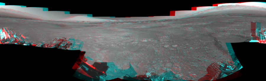 NASA's Mars rover Curiosity took 17 image pairs in Gale Crater using its mast-mounted Navigation Camera (Navcam) to create this mosaic. The seam-corrected mosaic provides a 360-degree cylindrical perspective projection panorama of the Martian surface suitable for stereo viewing, centered at 20 degrees azimuth (measured clockwise from north). This anaglyph must be viewed with red/blue glasses (red over left eye).  Curiosity took the images on December 04, 2017, Sol 1894 of the Mars Science Laboratory mission at drive 806, site number 67. The local mean solar time for the image exposures was 2 PM. Each Navcam image has a 45-degree field of view. CREDIT: NASA/JPL-Caltech