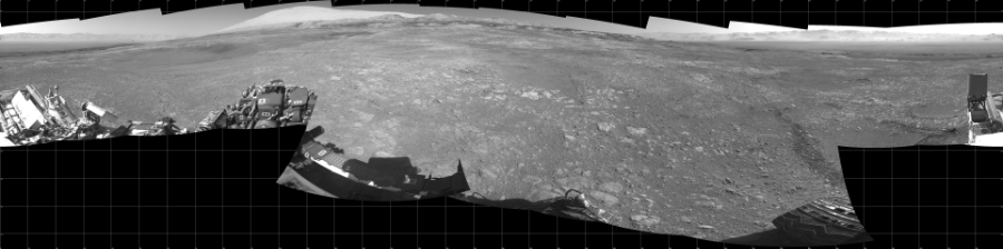 NASA's Mars rover Curiosity took 17 images in Gale Crater using its mast-mounted Left Navigation Camera (Navcam) to create this mosaic. The seam-corrected mosaic provides a 360-degree cylindrical projection panorama of the Martian surface centered at 180 degrees azimuth (measured clockwise from north). Curiosity took the images on December 04, 2017, Sol 1894 of the Mars Science Laboratory mission at drive 806, site number 67. The local mean solar time for the image exposures was 2 PM. Each Navcam image has a 45 degree field of view. CREDIT: NASA/JPL-Caltech