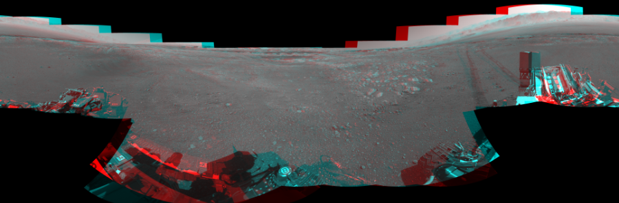 NASA's Mars rover Curiosity took 18 image pairs in Gale Crater using its mast-mounted Navigation Camera (Navcam) to create this mosaic. The seam-corrected mosaic provides a 360-degree cylindrical perspective projection panorama of the Martian surface suitable for stereo viewing, centered at 58 degrees azimuth (measured clockwise from north). This anaglyph must be viewed with red/blue glasses (red over left eye).  Curiosity took the images on December 06, 2017, Sol 1896 of the Mars Science Laboratory mission at drive 1016, site number 67. The local mean solar time for the image exposures was 1 PM. Each Navcam image has a 45-degree field of view. CREDIT: NASA/JPL-Caltech