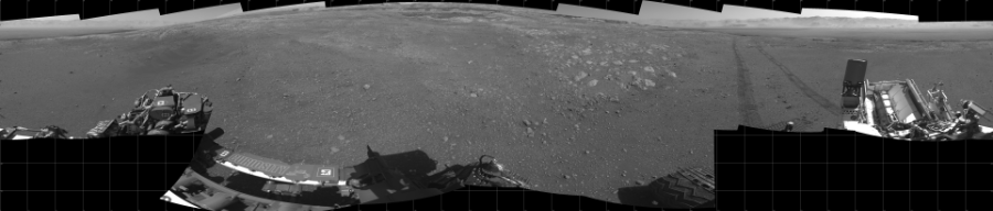 NASA's Mars rover Curiosity took 18 images in Gale Crater using its mast-mounted Left Navigation Camera (Navcam) to create this mosaic. The seam-corrected mosaic provides a 360-degree cylindrical projection panorama of the Martian surface centered at 180 degrees azimuth (measured clockwise from north). Curiosity took the images on December 06, 2017, Sol 1896 of the Mars Science Laboratory mission at drive 1016, site number 67. The local mean solar time for the image exposures was 1 PM. Each Navcam image has a 45 degree field of view. CREDIT: NASA/JPL-Caltech