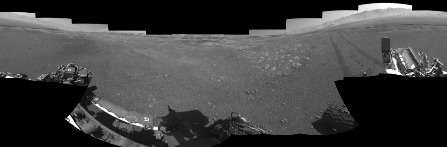 NASA's Mars rover Curiosity took 18 images in Gale Crater using its mast-mounted Left Navigation Camera (Navcam) to create this mosaic. The seam-corrected mosaic provides a 360-degree cylindrical-perspective projection panorama of the Martian surface suitable for stereo viewing, centered at 58 degrees azimuth (measured clockwise from north). This single-eye view must be combined with the partner right image to be viewed in stereo.  Curiosity took the images on December 06, 2017, Sol 1896 of the Mars Science Laboratory mission at drive 1016, site number 67. The local mean solar time for the image exposures was 1 PM. Each Navcam image has a 45-degree field of view. CREDIT: NASA/JPL-Caltech
