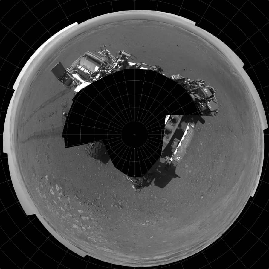 NASA's Mars rover Curiosity took 18 images in Gale Crater using its mast-mounted Left Navigation Camera (Navcam) to create this mosaic. The seam-corrected mosaic provides a polar stereographic projection panorama of the Martian surface with 0 degrees azimuth (measured clockwise from north) at the top of the image. Curiosity took the images on December 06, 2017, Sol 1896 of the Mars Science Laboratory mission at drive 1016, site number 67. The local mean solar time for the image exposures was 1 PM. Each Navcam image has a 45-degree field of view. CREDIT: NASA/JPL-Caltech