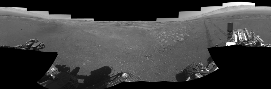 NASA's Mars rover Curiosity took 18 images in Gale Crater using its mast-mounted Right Navigation Camera (Navcam) to create this mosaic. The seam-corrected mosaic provides a 0-degree cylindrical-perspective projection panorama of the Martian surface suitable for stereo viewing, centered at 231 degrees azimuth (measured clockwise from north). This single-eye view must be combined with the partner left image to be viewed in stereo.  Curiosity took the images on December 06, 2017, Sol 1896 of the Mars Science Laboratory mission at drive 1016, site number 67. The local mean solar time for the image exposures was 1 PM. Each Navcam image has a 45-degree field of view. CREDIT: NASA/JPL-Caltech