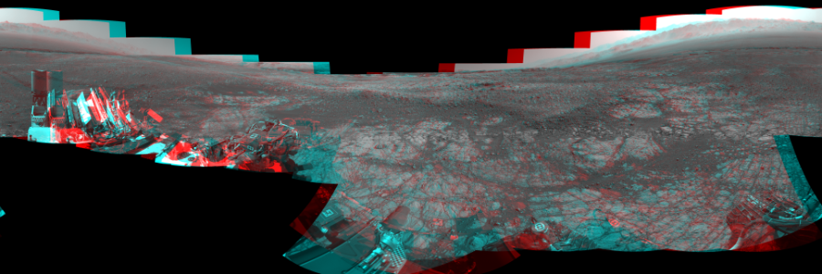 NASA's Mars rover Curiosity took 17 image pairs in Gale Crater using its mast-mounted Navigation Camera (Navcam) to create this mosaic. The seam-corrected mosaic provides a 360-degree cylindrical perspective projection panorama of the Martian surface suitable for stereo viewing, centered at 344 degrees azimuth (measured clockwise from north). This anaglyph must be viewed with red/blue glasses (red over left eye).  Curiosity took the images on December 14, 2017, Sol 1903 of the Mars Science Laboratory mission at drive 1358, site number 67. The local mean solar time for the image exposures was from 2 PM to 3 PM. Each Navcam image has a 45-degree field of view. CREDIT: NASA/JPL-Caltech
