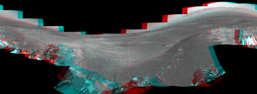 NASA's Mars rover Curiosity took 19 image pairs in Gale Crater using its mast-mounted Navigation Camera (Navcam) to create this mosaic. The seam-corrected mosaic provides a 360-degree cylindrical perspective projection panorama of the Martian surface suitable for stereo viewing, centered at 32 degrees azimuth (measured clockwise from north). This anaglyph must be viewed with red/blue glasses (red over left eye). Curiosity took the images on January 19, 2018, Sol 1939 of the Mars Science Laboratory mission at drive 2478, site number 67. The local mean solar time for the image exposures was from 1 PM to 2 PM. Each Navcam image has a 45-degree field of view. CREDIT: NASA/JPL-Caltech
