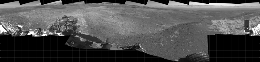 NASA's Mars rover Curiosity took 19 images in Gale Crater using its mast-mounted Left Navigation Camera (Navcam) to create this mosaic. The seam-corrected mosaic provides a 360-degree cylindrical projection panorama of the Martian surface centered at 210 degrees azimuth (measured clockwise from north). Curiosity took the images on January 19, 2018, Sol 1939 of the Mars Science Laboratory mission at drive 2478, site number 67. The local mean solar time for the image exposures was from 1 PM to 2 PM. Each Navcam image has a 45 degree field of view. CREDIT: NASA/JPL-Caltech