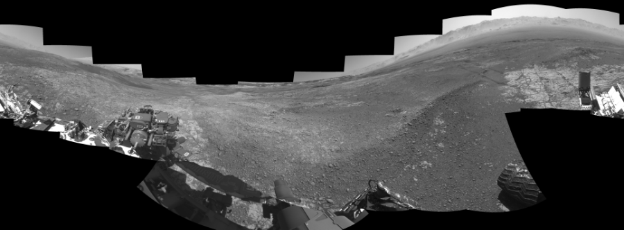 NASA's Mars rover Curiosity took 19 images in Gale Crater using its mast-mounted Left Navigation Camera (Navcam) to create this mosaic. The seam-corrected mosaic provides a 360-degree cylindrical-perspective projection panorama of the Martian surface suitable for stereo viewing, centered at 32 degrees azimuth (measured clockwise from north). This single-eye view must be combined with the partner right image to be viewed in stereo.  Curiosity took the images on January 19, 2018, Sol 1939 of the Mars Science Laboratory mission at drive 2478, site number 67. The local mean solar time for the image exposures was from 1 PM to 2 PM. Each Navcam image has a 45-degree field of view. CREDIT: NASA/JPL-Caltech