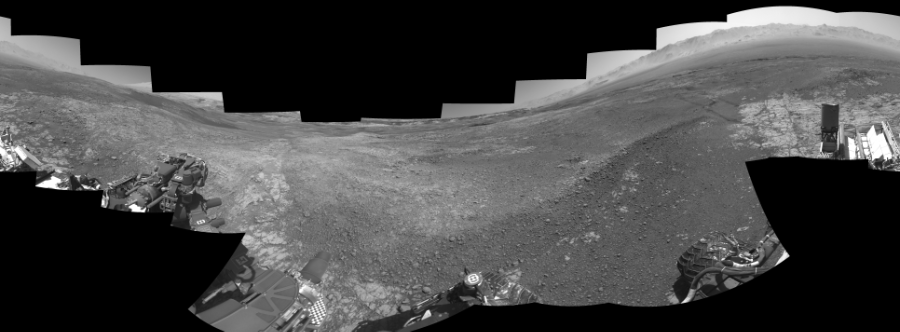 NASA's Mars rover Curiosity took 19 images in Gale Crater using its mast-mounted Right Navigation Camera (Navcam) to create this mosaic. The seam-corrected mosaic provides a 0-degree cylindrical-perspective projection panorama of the Martian surface suitable for stereo viewing, centered at 204 degrees azimuth (measured clockwise from north). This single-eye view must be combined with the partner left image to be viewed in stereo. Curiosity took the images on January 19, 2018, Sol 1939 of the Mars Science Laboratory mission at drive 2478, site number 67. The local mean solar time for the image exposures was from 1 PM to 2 PM. Each Navcam image has a 45-degree field of view. CREDIT: NASA/JPL-Caltech