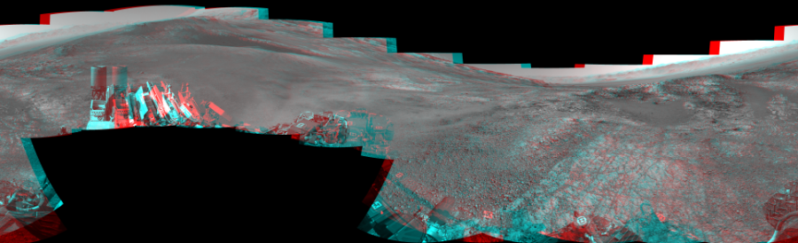 NASA's Mars rover Curiosity took 17 image pairs in Gale Crater using its mast-mounted Navigation Camera (Navcam) to create this mosaic. The seam-corrected mosaic provides a 360-degree cylindrical perspective projection panorama of the Martian surface suitable for stereo viewing, centered at 316 degrees azimuth (measured clockwise from north). This anaglyph must be viewed with red/blue glasses (red over left eye).  Curiosity took the images on January 25, 2018, Sol 1944 of the Mars Science Laboratory mission at drive 2884, site number 67. The local mean solar time for the image exposures was from 1 PM to 2 PM. Each Navcam image has a 45-degree field of view. CREDIT: NASA/JPL-Caltech