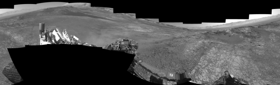NASA's Mars rover Curiosity took 17 images in Gale Crater using its mast-mounted Left Navigation Camera (Navcam) to create this mosaic. The seam-corrected mosaic provides a 360-degree cylindrical-perspective projection panorama of the Martian surface suitable for stereo viewing, centered at 316 degrees azimuth (measured clockwise from north). This single-eye view must be combined with the partner right image to be viewed in stereo.  Curiosity took the images on January 25, 2018, Sol 1944 of the Mars Science Laboratory mission at drive 2884, site number 67. The local mean solar time for the image exposures was from 1 PM to 2 PM. Each Navcam image has a 45-degree field of view. CREDIT: NASA/JPL-Caltech