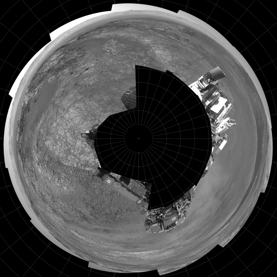 NASA's Mars rover Curiosity took 17 images in Gale Crater using its mast-mounted Left Navigation Camera (Navcam) to create this mosaic. The seam-corrected mosaic provides a polar stereographic projection panorama of the Martian surface with 0 degrees azimuth (measured clockwise from north) at the top of the image. Curiosity took the images on January 25, 2018, Sol 1944 of the Mars Science Laboratory mission at drive 2884, site number 67. The local mean solar time for the image exposures was from 1 PM to 2 PM. Each Navcam image has a 45-degree field of view. CREDIT: NASA/JPL-Caltech