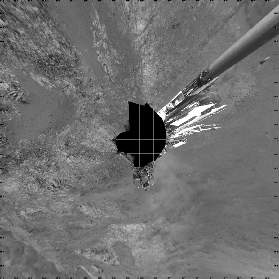 NASA's Mars rover Curiosity took 17 images in Gale Crater using its mast-mounted Left Navigation Camera (Navcam) to create this mosaic. The seam-corrected mosaic provides a vertical projection of the Martian surface near the rover, covering an area of 20 meters (north/south) by 20 meters (east/west). North is up in the image. This projection provides an overhead view, but introduces distortion for items not on the surface, such as large rocks and the rover itself.  Curiosity took the images on January 25, 2018, Sol 1944 of the Mars Science Laboratory mission at drive 2884, site number 67. The local mean solar time for the image exposures was from 1 PM to 2 PM. Each Navcam image has a 45-degree field of view. CREDIT: NASA/JPL-Caltech