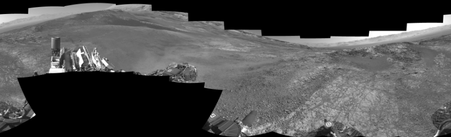 NASA's Mars rover Curiosity took 17 images in Gale Crater using its mast-mounted Right Navigation Camera (Navcam) to create this mosaic. The seam-corrected mosaic provides a 0-degree cylindrical-perspective projection panorama of the Martian surface suitable for stereo viewing, centered at 131 degrees azimuth (measured clockwise from north). This single-eye view must be combined with the partner left image to be viewed in stereo.  Curiosity took the images on January 25, 2018, Sol 1944 of the Mars Science Laboratory mission at drive 2884, site number 67. The local mean solar time for the image exposures was from 1 PM to 2 PM. Each Navcam image has a 45-degree field of view. CREDIT: NASA/JPL-Caltech