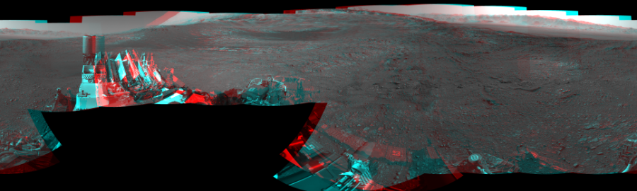 NASA's Mars rover Curiosity took 18 image pairs in Gale Crater using its mast-mounted Navigation Camera (Navcam) to create this mosaic. The seam-corrected mosaic provides a 360-degree cylindrical perspective projection panorama of the Martian surface suitable for stereo viewing, centered at 312 degrees azimuth (measured clockwise from north). This anaglyph must be viewed with red/blue glasses (red over left eye). Curiosity took the images on January 27, 2018, Sols 1946-1947 of the Mars Science Laboratory mission at drive 3172, site number 67. The local mean solar time for the image exposures was from 3 PM to 4 PM. Each Navcam image has a 45-degree field of view. CREDIT: NASA/JPL-Caltech