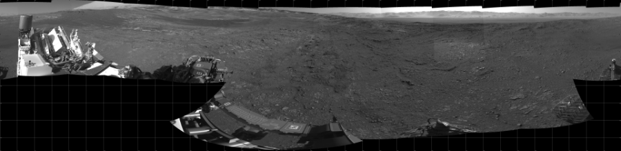 NASA's Mars rover Curiosity took 18 images in Gale Crater using its mast-mounted Left Navigation Camera (Navcam) to create this mosaic. The seam-corrected mosaic provides a 360-degree cylindrical projection panorama of the Martian surface centered at 220 degrees azimuth (measured clockwise from north). Curiosity took the images on January 27, 2018, Sols 1946-1947 of the Mars Science Laboratory mission at drive 3172, site number 67. The local mean solar time for the image exposures was from 3 PM to 4 PM. Each Navcam image has a 45 degree field of view. CREDIT: NASA/JPL-Caltech